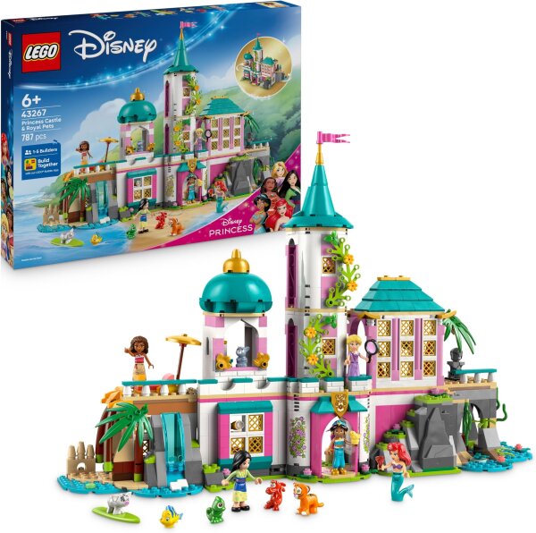 LEGO Disney Princess 43267 Schloss-Set, detailreich, inkl. Arielle, Rapunzel, Mulan, Jasmin, Vaiana Figuren, Spielzeug ab 6 Jahren