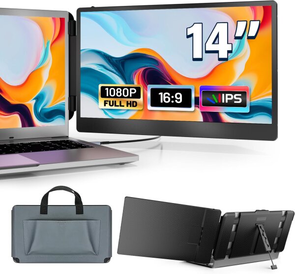 domyfan 14" Tragbarer Monitor, 1080P FHD, Dual-Screen-Erweiterung, HDMI/USB-A/Type-C, kompatibel mit Windows/Mac/Android/Xbox/Switch/PS5