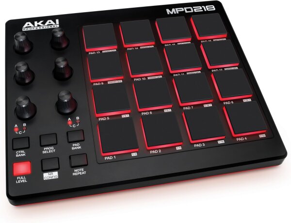 AKAI Professional MPD218 USB/MIDI Pad-Controller, 16 anschlagdynamische Pads, kompakt, ohne OVP