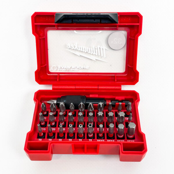 Milwaukee Shockwave 32-piece bit set, compact box, 1/4" hex drive, for impact wrenches, durable bits, model 4932464240
