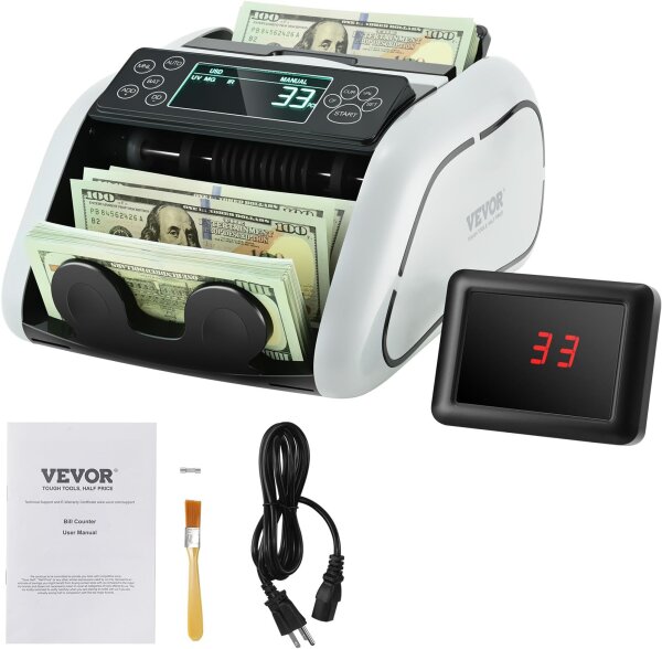 VEVOR AL-K07 Geldzählmaschine, Banknotenzähler mit UV/MG/IR/DD Falschgelderkennung, LCD & externes Display, für USD/EUR, ideal für kleine Firmen