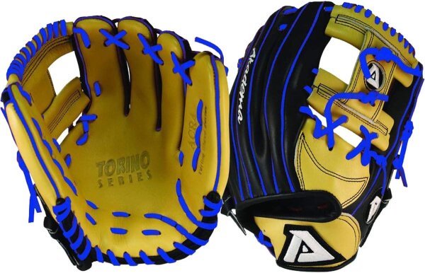 Akadema ATP2 Baseballhandschuh, Linkshänder, gelb-blau, 11,5 Zoll, leichtes Design, weiches Leder, für Infield-Spieler