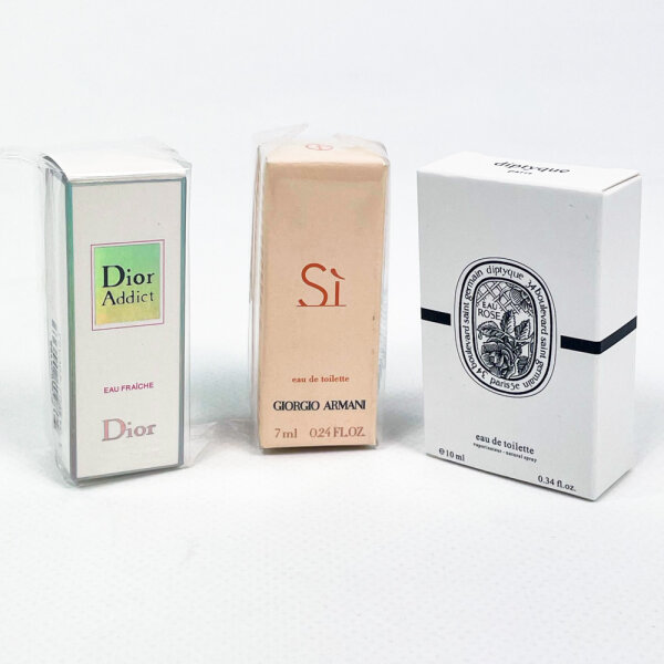 Mini Parfum Set 3-teilig: Dior Addict 5ml, Armani Si 7ml, Diptyque Eau Rose 10ml, Damendüfte, ideal für unterwegs