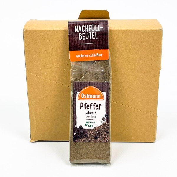 Ostmann Schwarzer Pfeffer gemahlen, 5x50g Nachfüllbeutel, wiederverschließbar, MHD 12/2029, Artikel 10805467