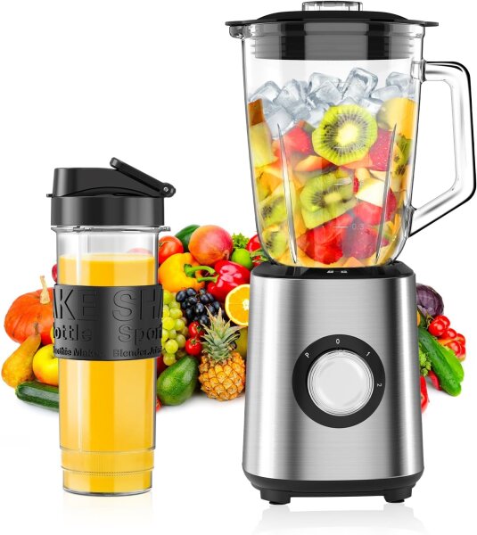 PB107 Standmixer & Smoothie Maker, 700W, 1,5L Glasbehälter, 570ml To-Go-Becher, 2 Stufen, Impulsfunktion, für Shakes & Saucen