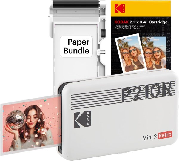 KODAK P210 Mini 2 Retro Fotodrucker, Bluetooth, 54x86mm, 4Pass, laminiert, 38 Blatt, kompatibel mit iOS & Android, Weiß