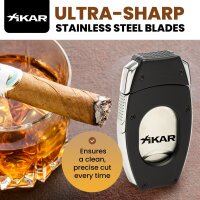 XIKAR Flip Dual Zigarrenschneider, 64-Ringmaß, V- & gerader Schnitt, Edelstahlklingen, Federentriegelung, Zigarrenablage, strukturierter Griff