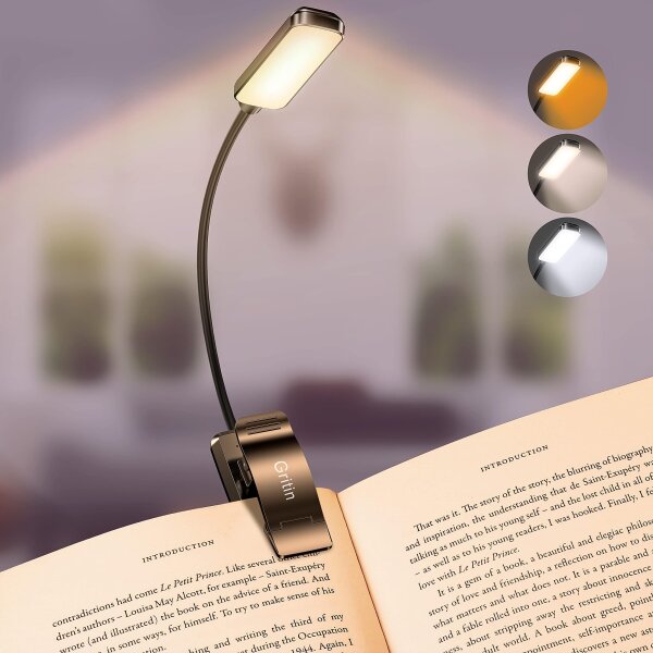 Gritin G1330 Reading Lamp, Book Clamp, 3 Color Modes, Stepless Dimming, USB Rechargeable, 360° Flexible, Ideal for Bed & Travel, Black