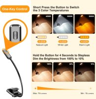 Gritin G1330 Reading Lamp, Book Clamp, 3 Color Modes, Stepless Dimming, USB Rechargeable, 360° Flexible, Ideal for Bed & Travel, Black