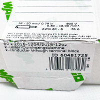 WAGO 2-Leiter-Durchgangsklemme, 60 Stück, 18-20 mm, 800 V, 76 A, Modell 2016-1204/2026-1292