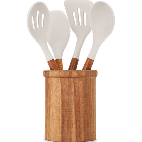 Küchenutensilien-Set 5-teilig, Akazienholz-Topf, weiße Silikon-Utensilien, hitzebeständig, spülmaschinenfest