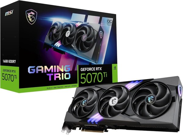 MSI GeForce RTX 5070 Ti Gaming Trio OC Plus graphics card, 16GB GDDR7, PCIe 5.0, Boost 2572 MHz, HDMI 2.1b, DisplayPort 2.1b