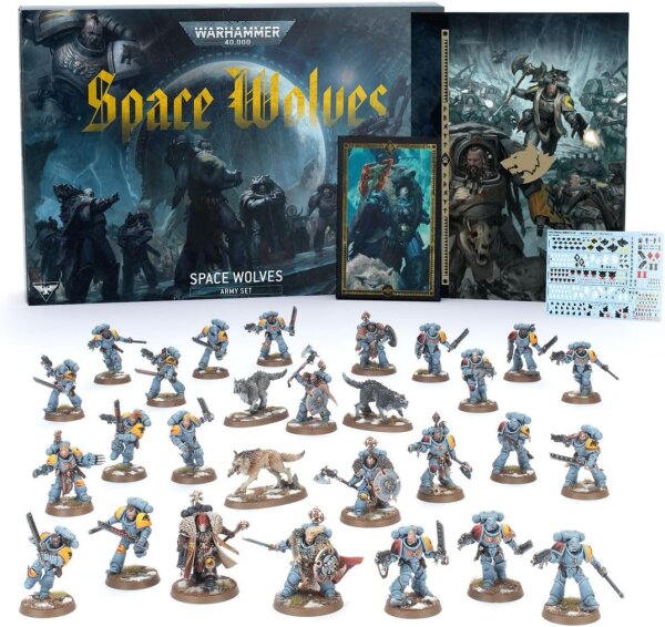 Games Workshop Warhammer 40,000 Space Wolves Army Set 2025, limited collectors box with miniatures, codex, cards, German, tabletop kit