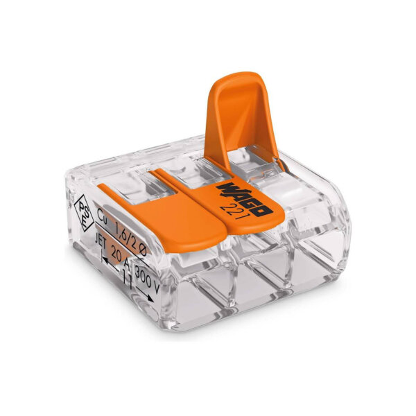WAGO 221-413, terminal block, 3-conductor, lever mechanism, 50 pieces, tool-free, transparent housing