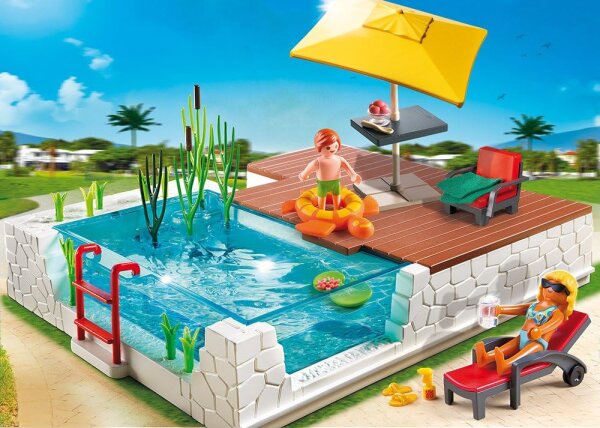 PLAYMOBIL 5575 Einbau-Swimmingpool, Spielset, mit Figuren, Pool, Zubehör, für Kinder ab 4 Jahren