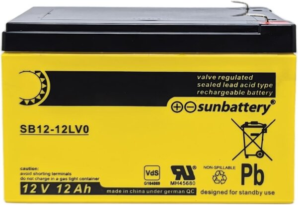 SUN Battery SB12-12LV0 12V 12Ah AGM lead-acid battery, VdS-certified, maintenance-free, rechargeable