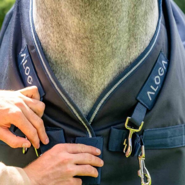 Aloga Outdoordecke 0G, Modell AOTO00-NNSN-40, Pferdedecke Größe 140, leicht, für milde Temperaturen, Farbe Navy/Silber