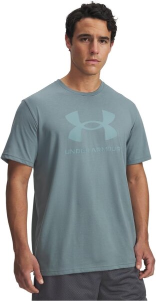 Under Armour Sportstyle Mens T-Shirt S, short-sleeved, logo print, breathable, color Jasper Blue/Serpentine