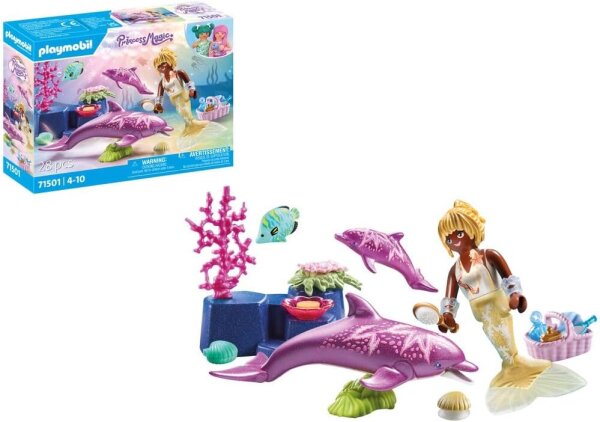 PLAYMOBIL Princess Magic 71501 Mermaid Set with Dolphin Mother and Baby, Accessories, Imaginative Toy for Ages 4 and Up