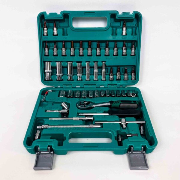 53-piece socket wrench set, including screwdriver bits, ratchet, extensions, in a robust tool case