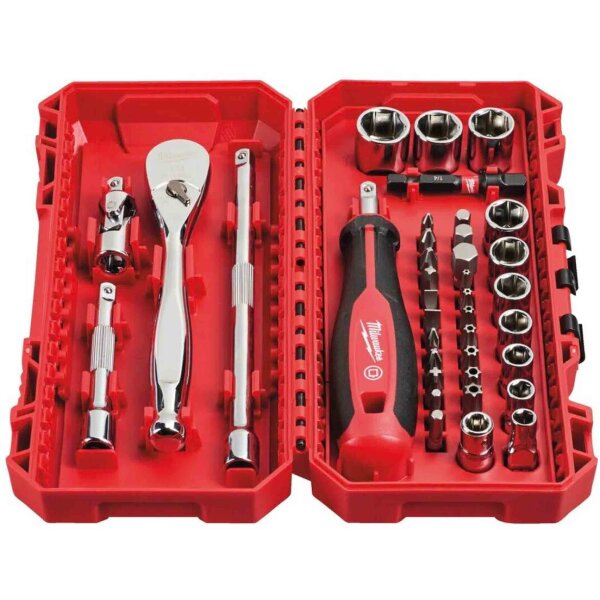 Milwaukee 1/4″ Ratchet Socket and Bit Set, Model 4932498381, 32-Piece, Fine-Tooth Ratchet, Storage Box