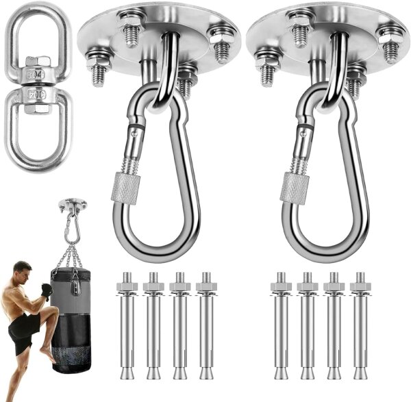 Robust stainless steel swing hook set for punching bags, ceiling mounting indoor/outdoor, including mounting plate, spring hook, swivel joint