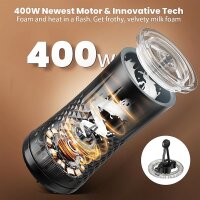 HAPPHOOH BL-NPB07 Elektrischer Milchaufschäumer, 4-in-1, 240ml, 2 Schneebesen, Auto-Stopp, Antihaft, 400W, für heißen & kalten Milchschaum