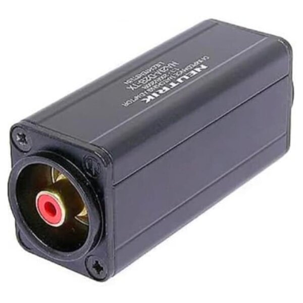 Neutrik NA2F-D2B-TX adapter, D-shape, 3-pin XLR female to RCA female, 1:1 signal transmission, DI impedance, robust housing