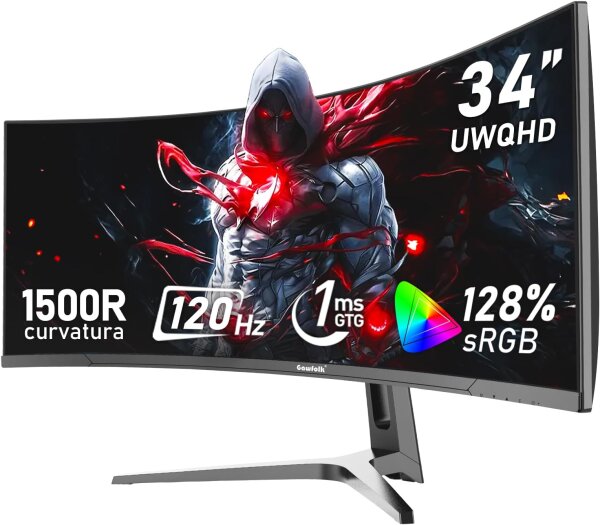 Gawfolk 34" Curved Gaming-Monitor, 120Hz, UWQHD 3440x1440, 21:9, G-Sync, 1500R, 128% sRGB, HDMI/DP, Wandmontage