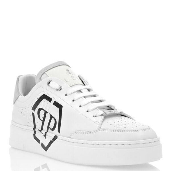 Philipp Plein Carson Hexagon Sneaker, Gr. 41, weiß/schwarz, Leder, Logo-Details, sportlich