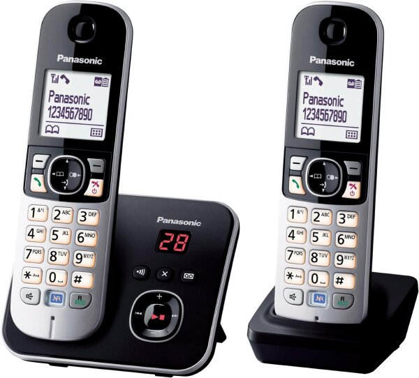Panasonic KX-TG6822 Duo DECT Telefon, Modell KX-TG6822FRB, schnurlos, Anrufbeantworter, Freisprechfunktion, großes Display, französische Version, zwei Mobilteile, schwarze Ausführung