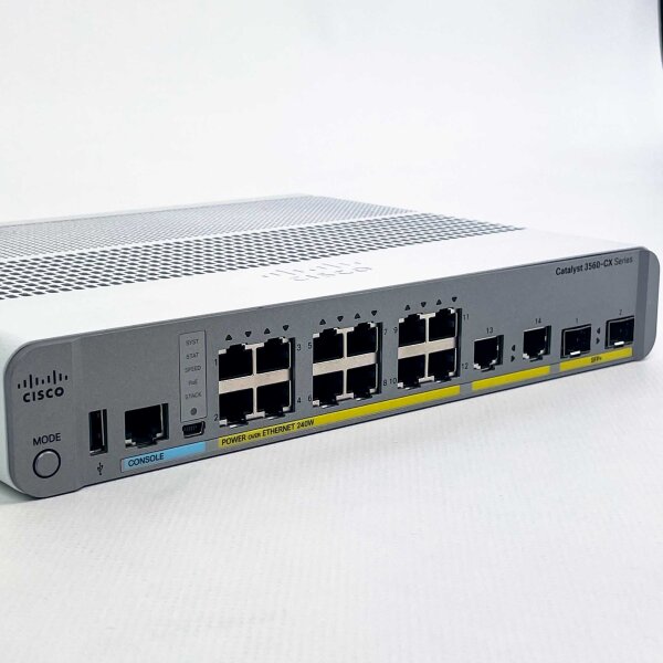 Cisco Catalyst 3560-CX WS-C3560CX-12PD-S Switch, compact model, high-speed data, 12 ports, 100-240V, 4.5-2.0A, 50-60Hz, energy efficient, quiet operation
