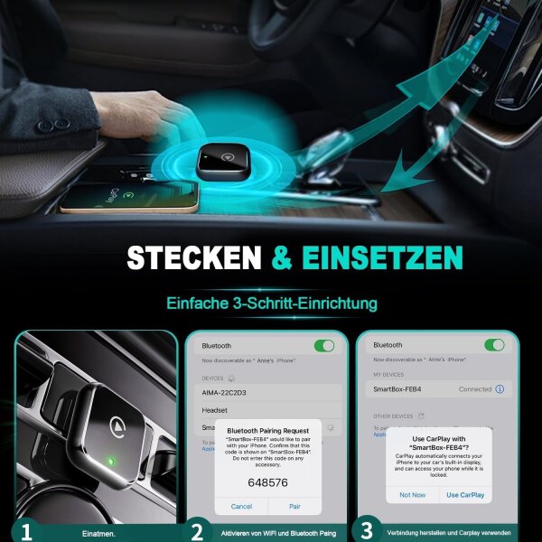 Yurnlv 2-in-1 Car Dongle, Modellnr nicht angegeben, Adapter für Carplay & Android Auto, inkl. USB- & USB-C-Kabel, schwarz, Eingang 5V/1A, einfache Verbindung für kompatible Fahrzeuge