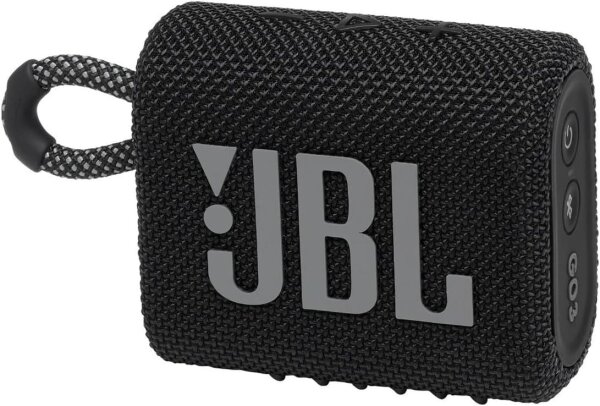 JBL GO 3, JBLGO3BLK, tragbarer Bluetooth-Lautsprecher, kompakt, schwarz, wasserfest, ideal für unterwegs, bis zu 5 Stunden Musikgenuss pro Ladung, robustes Design, leicht transportierbar