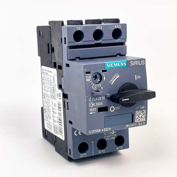 Siemens Sirius 3RV2411-1KA10 circuit breaker for transformer protection, compact device, reliable motor protection, easy installation, high switching capacity, versatile application, robust design, precise tripping