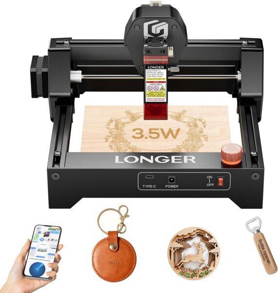 LONGER RAY5 Mini Laser Engraving Machine 3.5W, Model No., compact engraving plotter for wood, acrylic, leather, 140x130mm working area, 12000mm/min cutting speed, WiFi, emergency stop, DIY projects, high safety