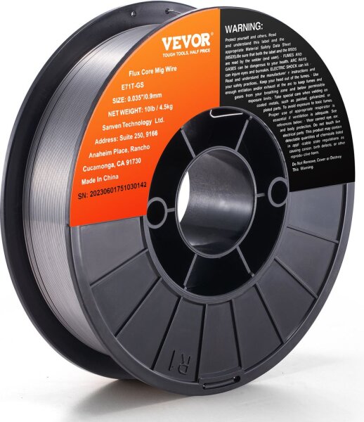 VEVOR Fülldraht E71T-GS, 0,9 mm, 4,5 kg Rolle, MIG/MAG-Schweißdraht, 200 mm Spule, 560 MPa Zugfestigkeit, für Fülldrahtschweißen ohne Gas, vielseitig einsetzbar, hohe Schweißqualität