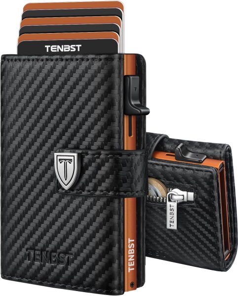 TENBST HW1069 Ultra-thin Mens Wallet, Slim Wallet with Coin Pocket & RFID Protection, Luxury Wallet for 10 Cards, Premium Card Case, Black-Orange, Stylish & Compact