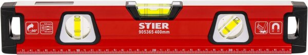 STIER 905365 Premium Spirit Level 400 mm, Magnetic, 3 vials incl. mirror plumb bob, precise 0.5 mm/m, vertical & horizontal measurement, aluminum alloy, double milled surface