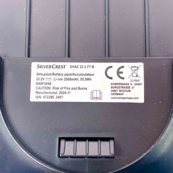 SilverCrest battery 436398/ZU03, suitable for SHAZ 22.2 F7-B, 22.2V, 2500mAh, 55.5Wh, replacement battery for cordless devices