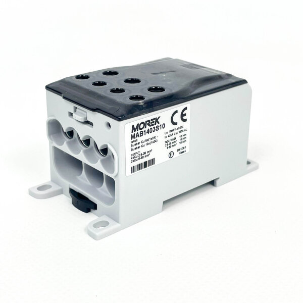 Morek MAB1403S10 Verteilerklemme, OJL400AF, 10x(1x25) Eingang, 4x35/3x50mm² Ausgang, kompakte Stromverteilung, sichere Verdrahtung, vielseitig einsetzbar, robuste Bauweise