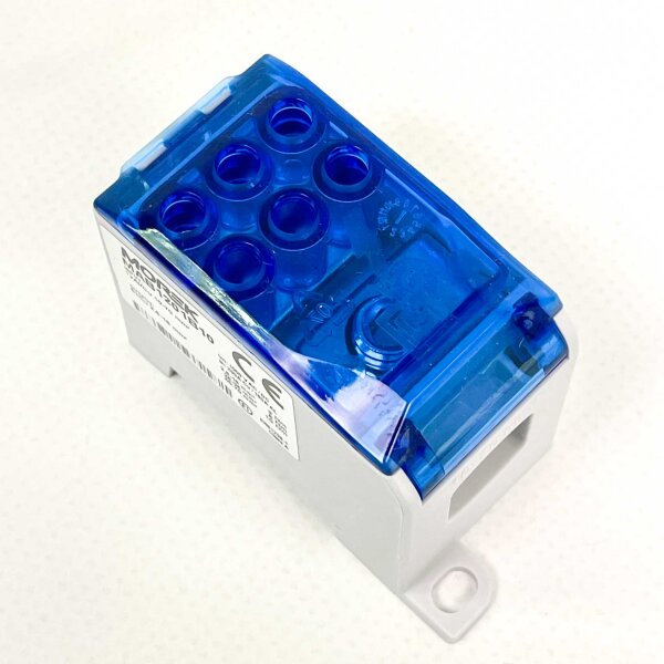 MOREK OJL200A distribution block, model MAB1201B10, blue, 1x Al/Cu 70mm² input, 6x Cu 16mm² outputs, compact for flexible power distribution