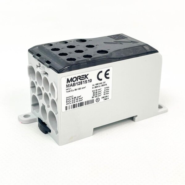 MOREK MAB1281S10 distribution block, OJL280A, input 1x Al/Cu 120mm², outputs 2x35mm², 5x16mm², 4x10mm², compact, versatile for flexible power distribution