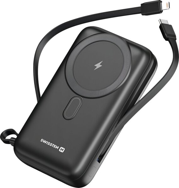 Swissten 22013934 MagSafe Powerbank, 20.000 mAh, integriertes Kabel, 20W Schnellladung, kabelloses Laden, kompakt, ideal für unterwegs, kompatibel mit MagSafe-Geräten.