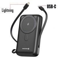 Swissten 22013934 MagSafe Powerbank, 20.000 mAh, integriertes Kabel, 20W Schnellladung, kabelloses Laden, kompakt, ideal für unterwegs, kompatibel mit MagSafe-Geräten.