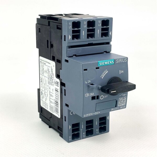 Siemens 3RV2311-1BC20 circuit breaker S00, 2A, motor protection, compact design, reliable overload and short-circuit protection, easy installation, high switching capacity, for industrial applications
