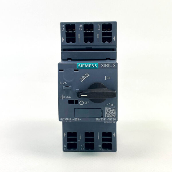 Siemens 3RV2311-1BC20 circuit breaker S00, 2A, motor protection, compact design, reliable overload and short-circuit protection, easy installation, high switching capacity, for industrial applications