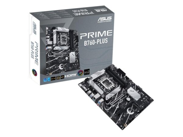 ASUS PRIME B760-PLUS motherboard, ATX, Intel Socket 1700, DDR5, PCIe 4.0, USB 3.2, M.2, HDMI/DP, stable power supply, versatile connectivity options, ideal for gaming and office use