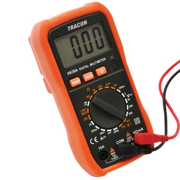 Digital multimeter HK36A, model no. CAT III 500V, measuring device for voltage, current, resistance, continuity test, large display, robust construction, versatile for electronics and household use.