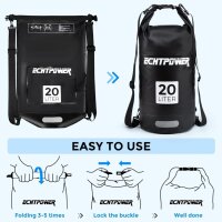 ECHTPower Drybag 20L Schwarz – Wasserdichte Tasche mit Handyhülle, ideal für Reisen, Kajak, Outdoor, schützt Ausrüstung vor Nässe, robustes Material, vielseitig einsetzbar